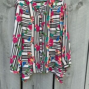 Notations Striped Floral Button-Up Blouse in White, Black & Bright Florals L